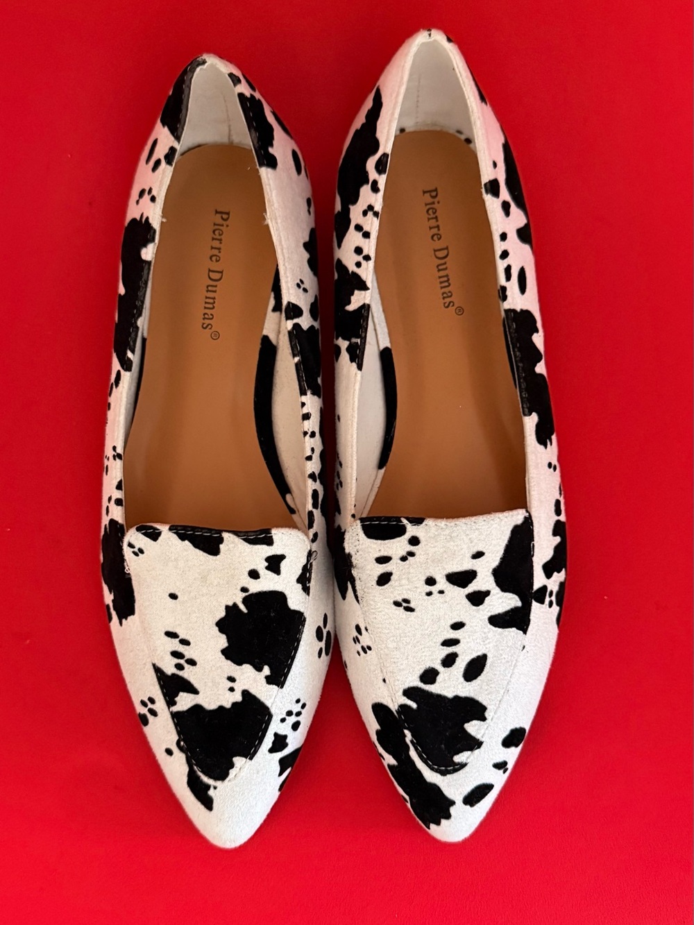 Pierre Dumas Black and White Cow-Print Pointed Flats